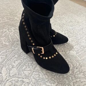 Prima Donna Black Suede Ankle Boots with Gold Studs and Buckle